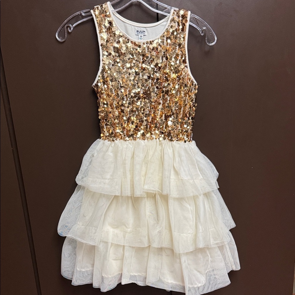 Ruum Kids  Gold and Cream Paiette Sequin Girls Formal / Holiday Dress . Sz 10